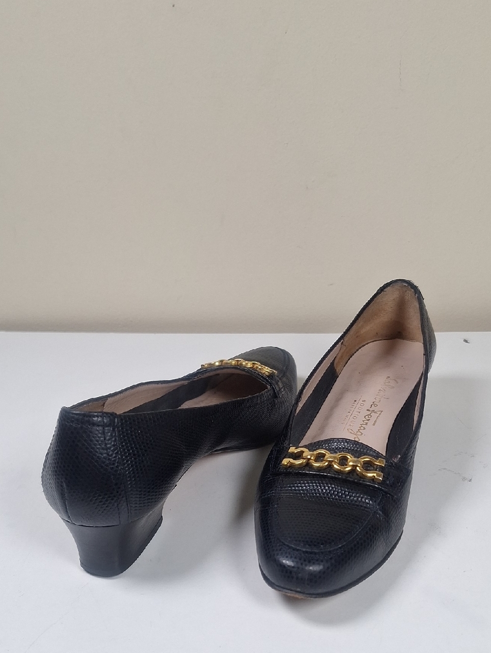 Salvatore Ferragamo Gancini Chain Detail Embossed  Block Heel Pumps Size 6.5